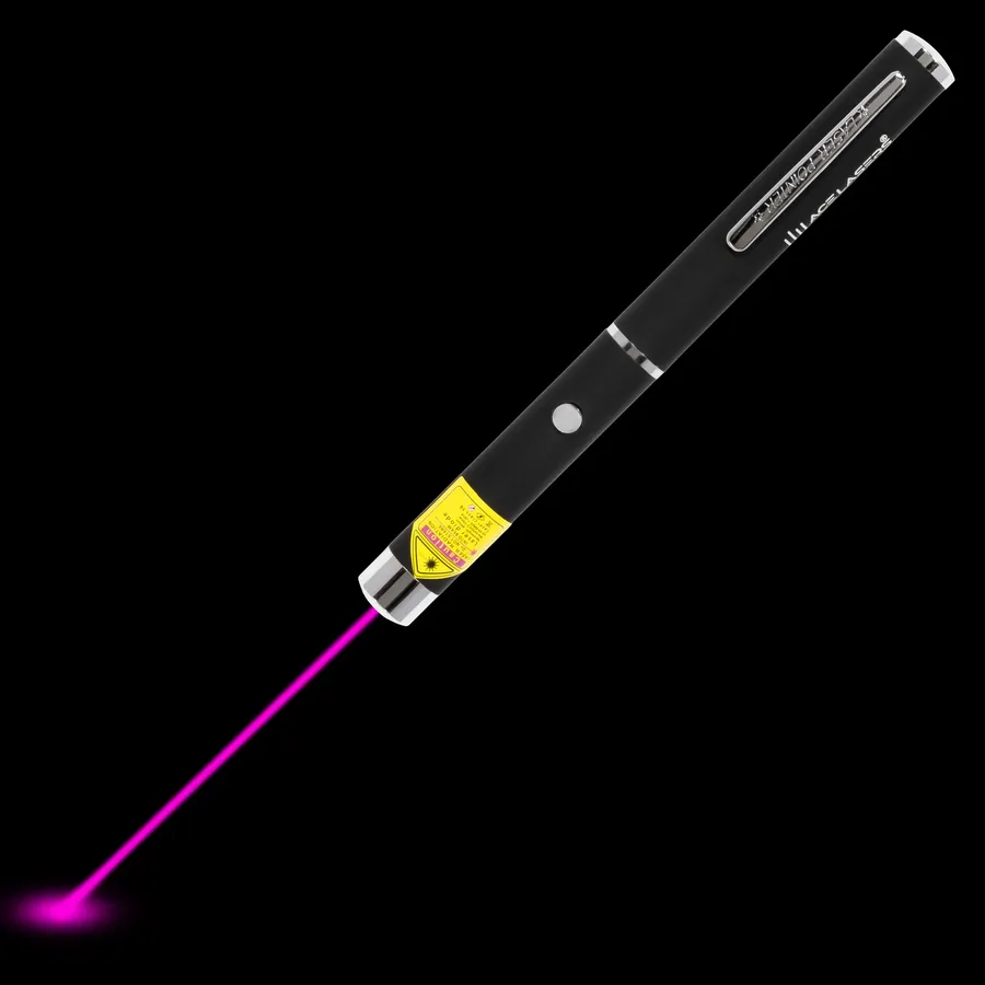 Puntero láser violeta AV-1 con el haz láser visible en la oscuridad